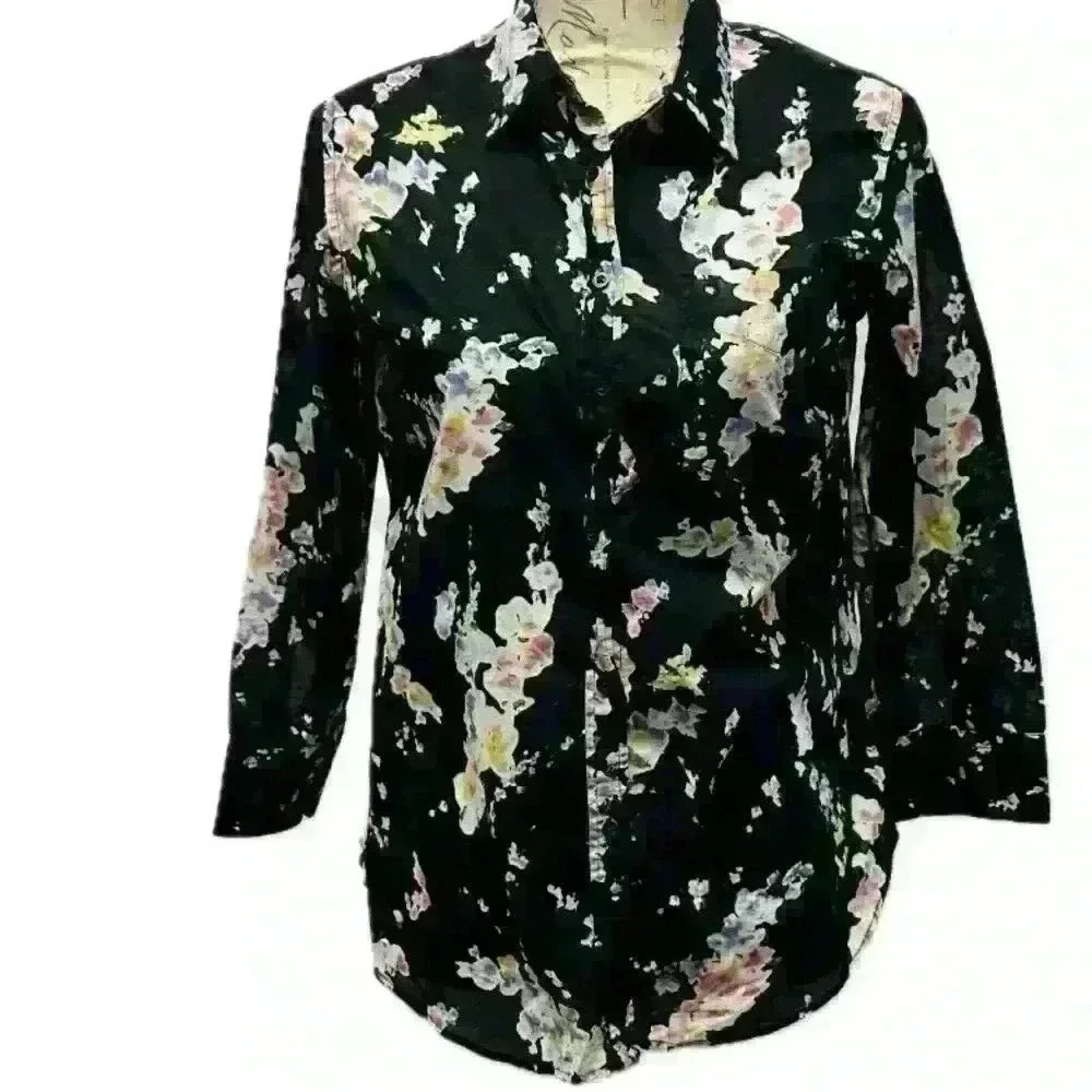 LAUREN RALPH LAUREN Black Floral 3/4 Sleeve Cotton Button Down Size Medium